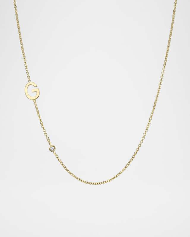 14k Gold Asymmetrical Initial and Bezel Diamond Necklace